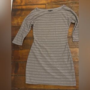 Express Size Medium Taupe Striped Sequined Stretchy Dress-3/4 Sleeve